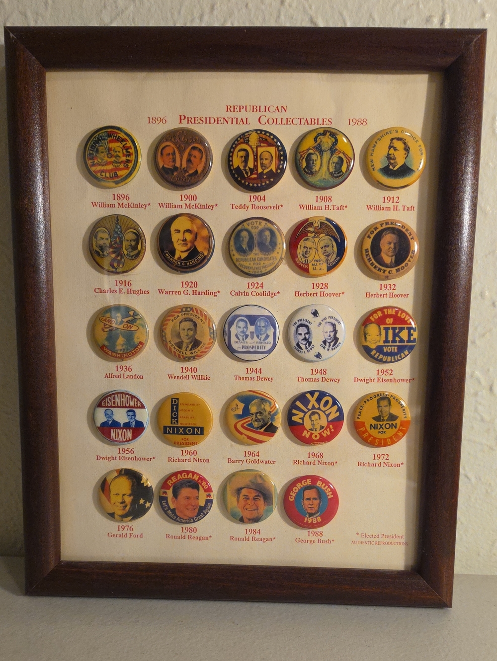 Republican Presidential Collectables framed display Presidential Button Display